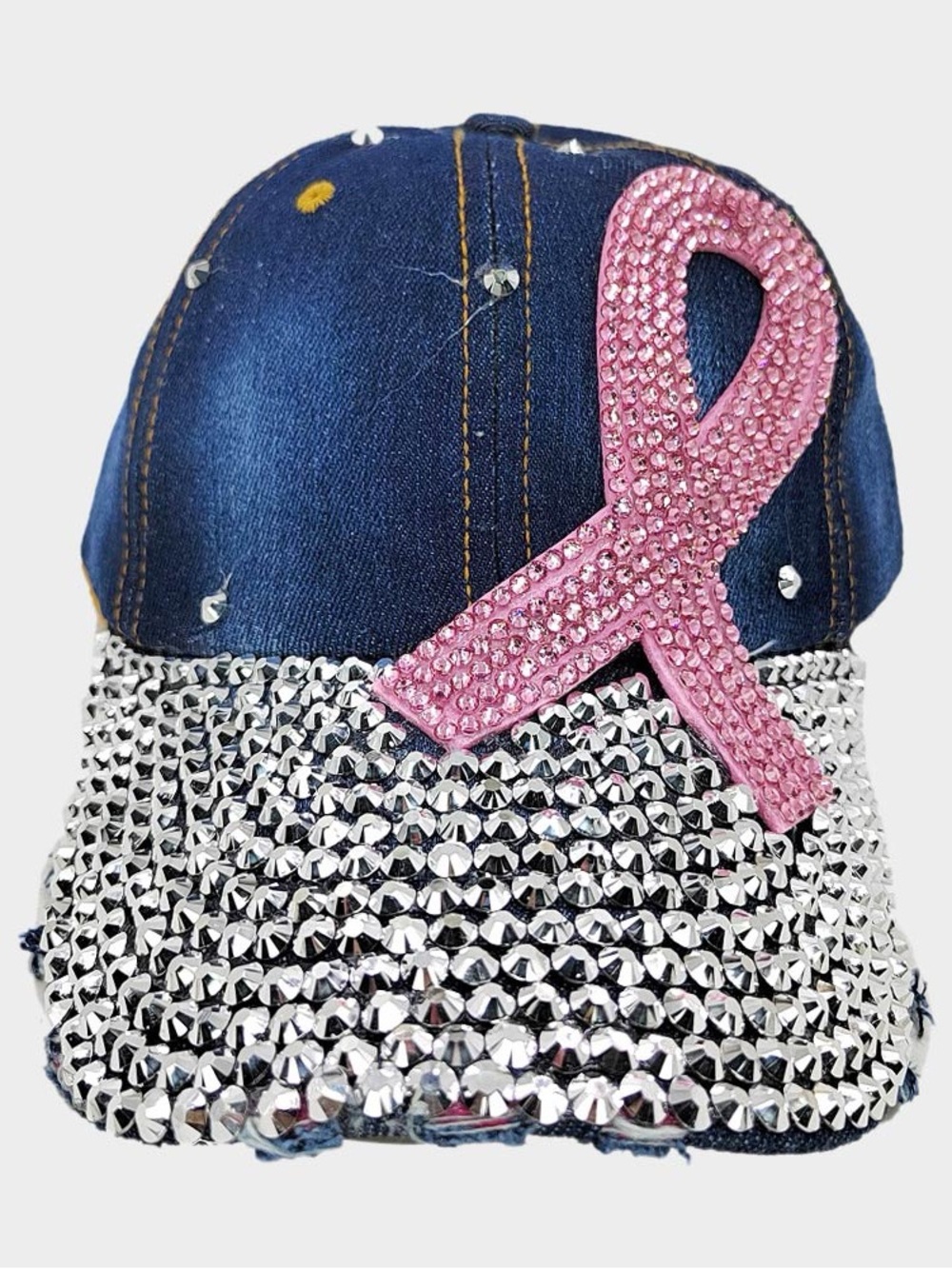 Women’s Denim Baseball Cap with Pink Ribbon and Silver Crystal Brim